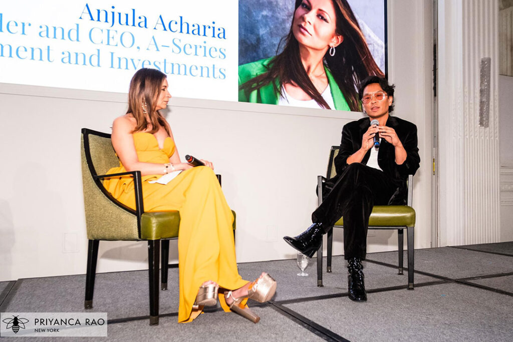 Fireside chat between CEO Anjula Acharia (left) and fashion designer Prabal Gurung (right)